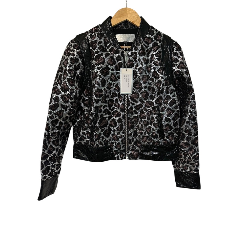 The Mighty Company Leopard Print Metallic Bomber Jacket Women's Med Black Silver